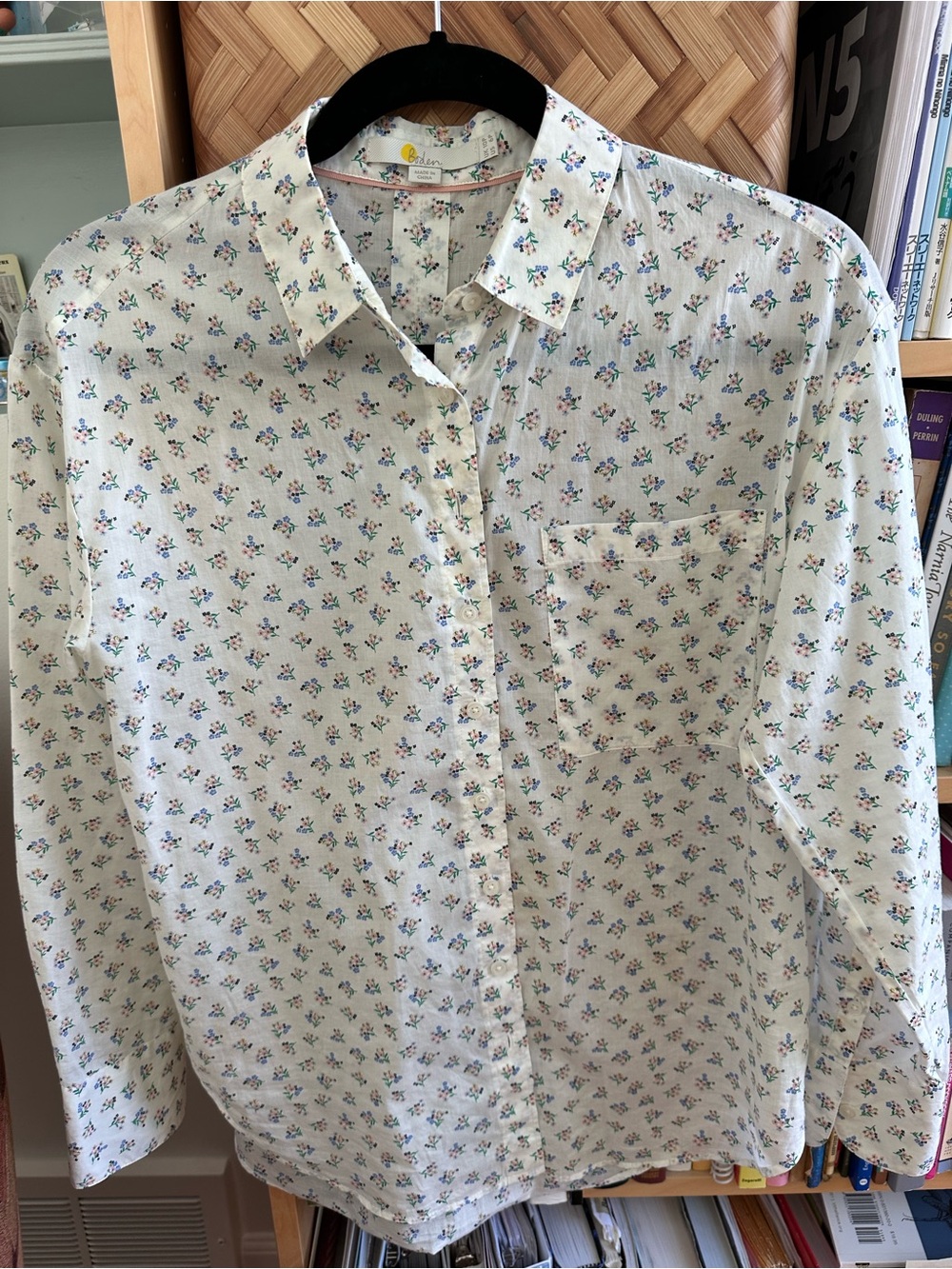 Boden White Button-Down Shirt with Small Blue, Pink, Yellow, Green Floral Print